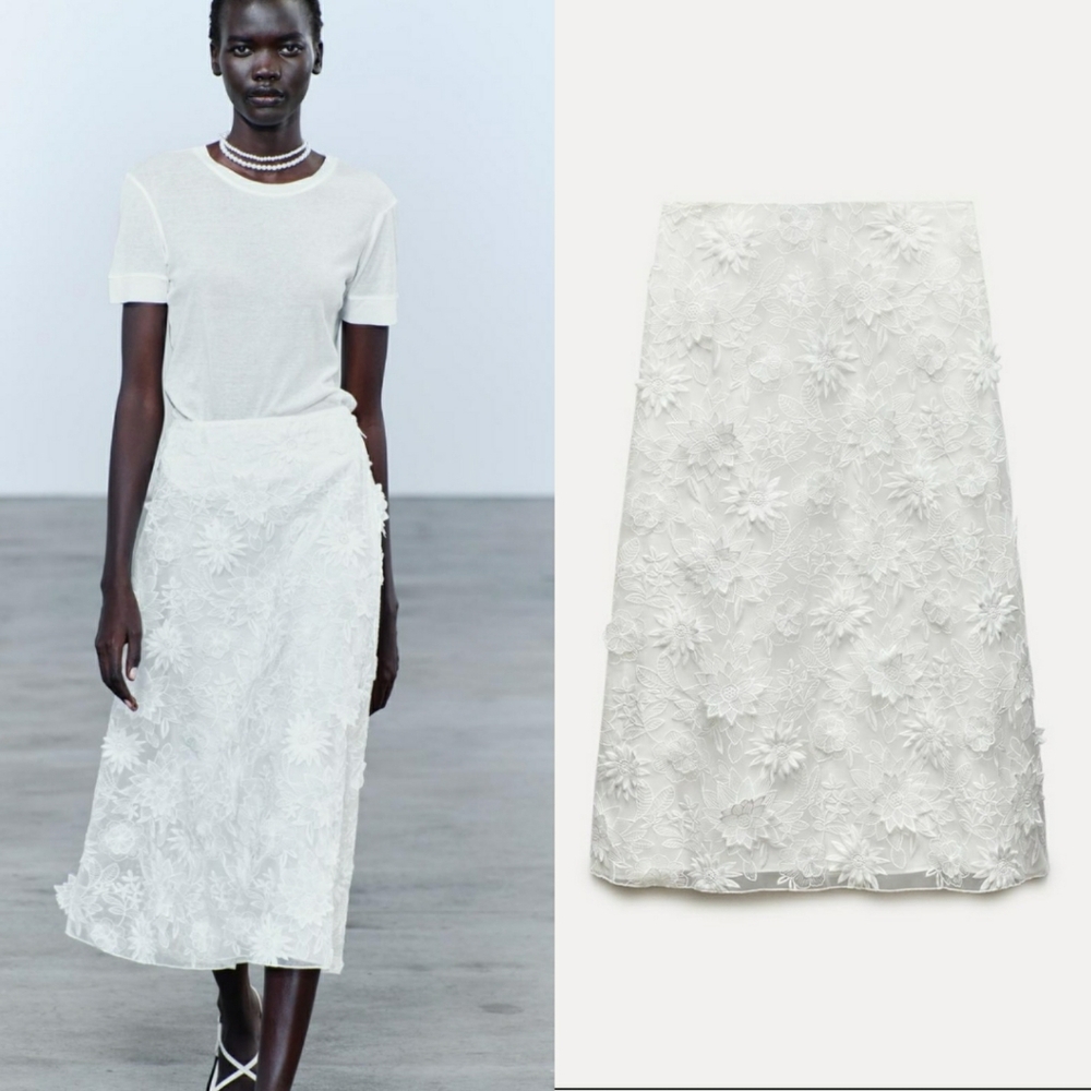 Zara embroidered midi skirt floral white new with tag